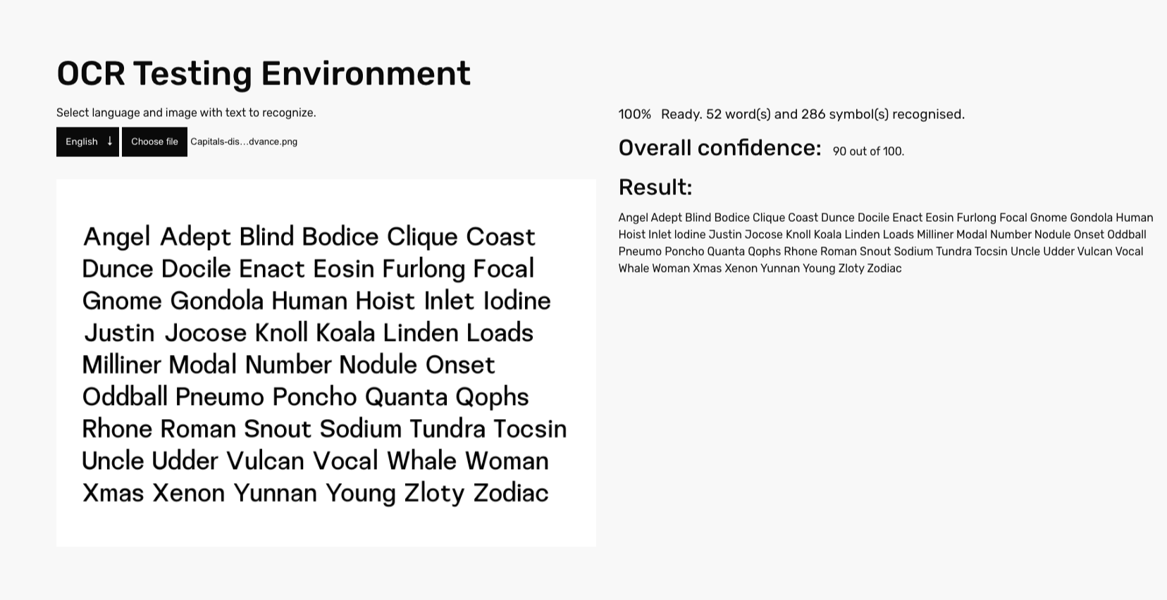 Test of Disorientation Sans VF at rxad 0 and ryad 0 (no advance), with confidence score 90 of 100. Great way to control the result, base font without modification is being recognized without problem.